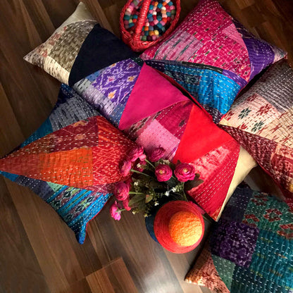 MELINA MURANO INSPIRED PATOLA SILK PATCHWORK  CUSHION COVER SET