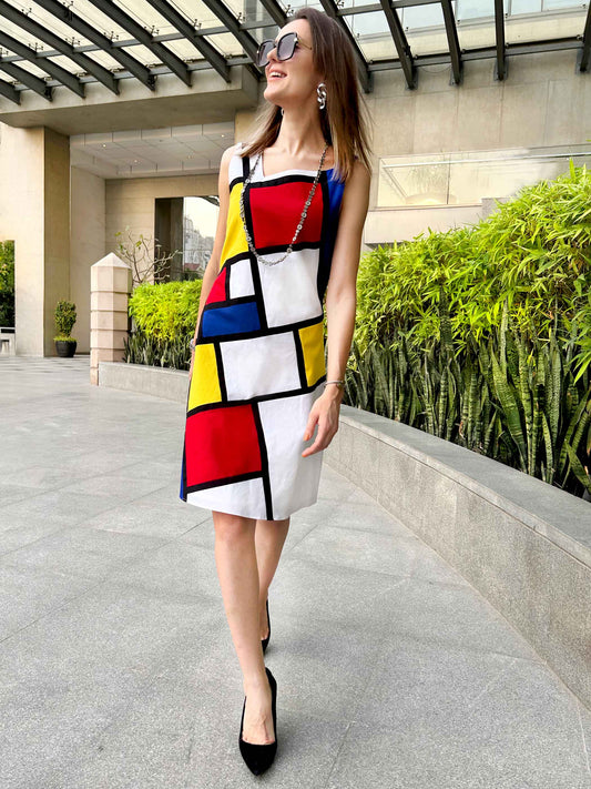 PRISCILLA CALIFORNIA COLORS MONDRIAN HAND WOVEN COTTON PATCHWORK DRESS