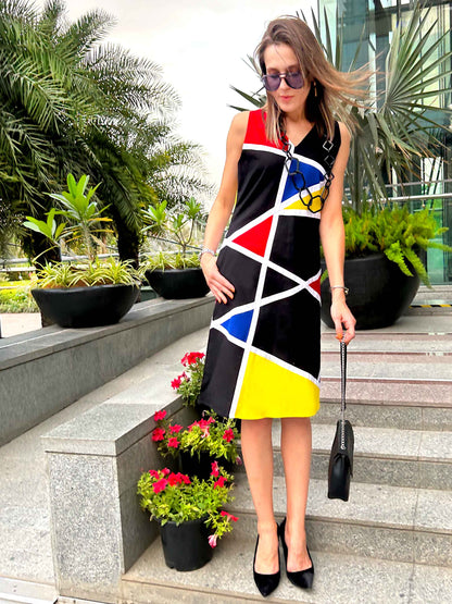 PAOLINA CALIFORNIA COLORS MONDRIAN HAND WOVEN COTTON PATCHWORK DRESS