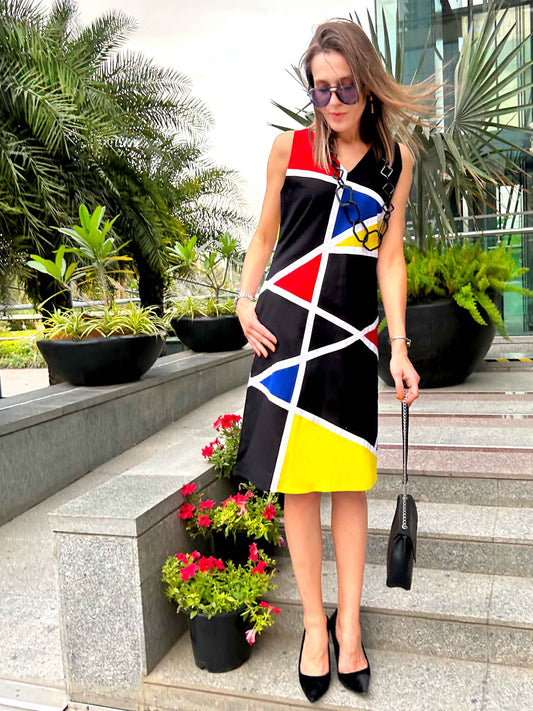 PAOLINA CALIFORNIA COLORS MONDRIAN HAND WOVEN COTTON PATCHWORK DRESS