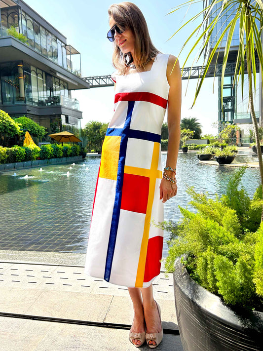 PRISTINA CALIFORNIA COLORS MONDRIAN HAND WOVEN COTTON PATCHWORK DRESS