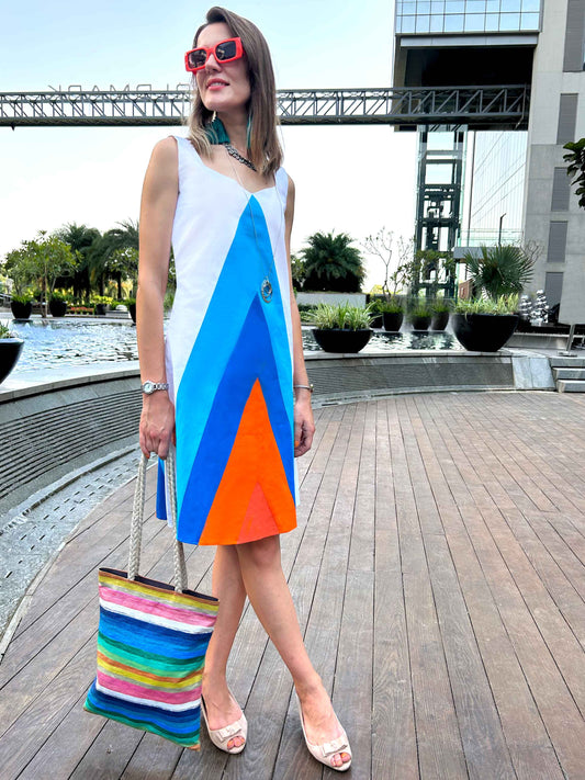PATSY CALIFORNIA COLORS HAND WOVEN COTTON PATCHWORK DRESS