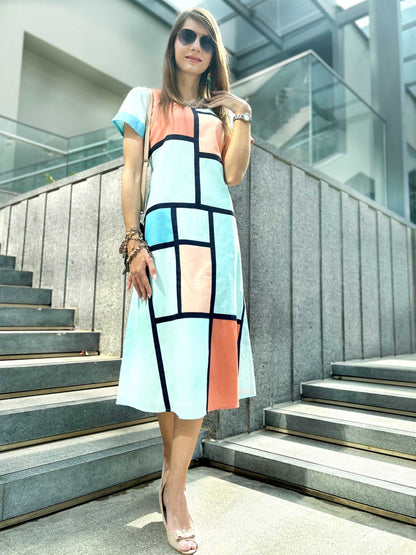 MCKENNA CALIFORNIA COLORS MONDRIAN HAND WOVEN COTTON PATCHWORK DRESS