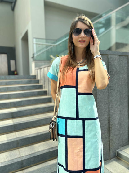 MCKENNA CALIFORNIA COLORS MONDRIAN HAND WOVEN COTTON PATCHWORK DRESS