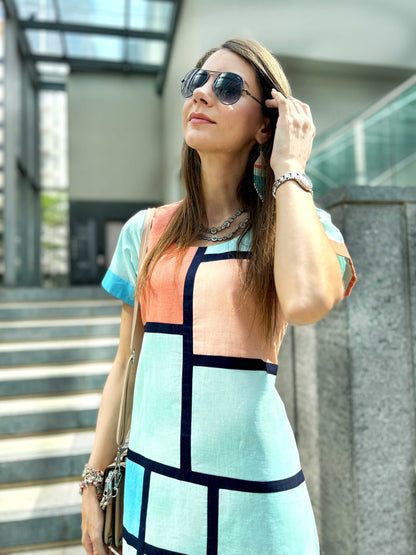 MCKENNA CALIFORNIA COLORS MONDRIAN HAND WOVEN COTTON PATCHWORK DRESS