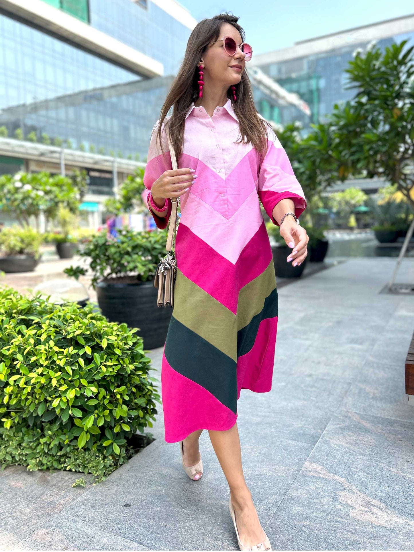 MELINDA CALIFORNIA COLORS HAND WOVEN COTTON PATCHWORK DRESS