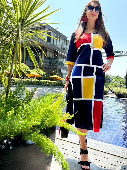 MEADOW CALIFORNIA COLORS MONDRIAN HAND WOVEN COTTON PATCHWORK DRESS