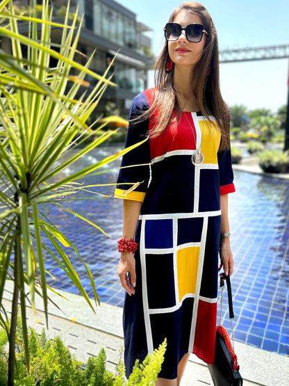 MEADOW CALIFORNIA COLORS MONDRIAN HAND WOVEN COTTON PATCHWORK DRESS