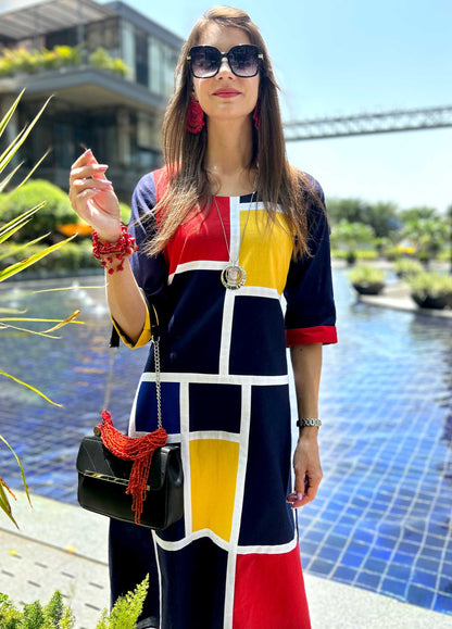 MEADOW CALIFORNIA COLORS MONDRIAN HAND WOVEN COTTON PATCHWORK DRESS