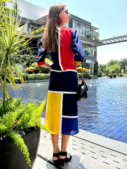 MEADOW CALIFORNIA COLORS MONDRIAN HAND WOVEN COTTON PATCHWORK DRESS