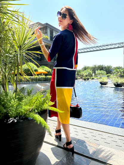 MEADOW CALIFORNIA COLORS MONDRIAN HAND WOVEN COTTON PATCHWORK DRESS