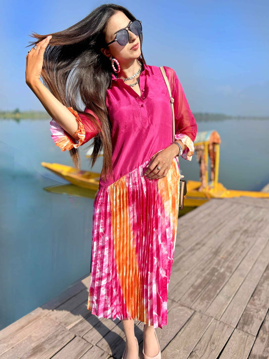 DIXIE FESTIVE FLAMBOYANCE PURE SILK PLEATED DRESS