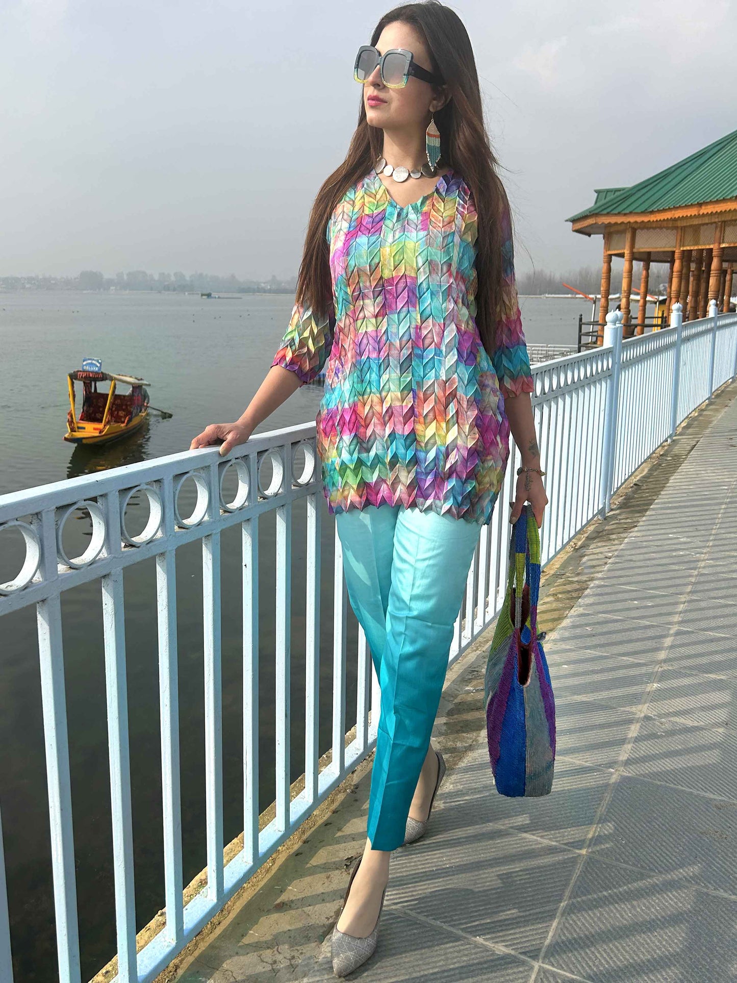 DORRIS FESTIVE FLAMBOYANCE PURE SILK TESSELLATION TUNIC SET