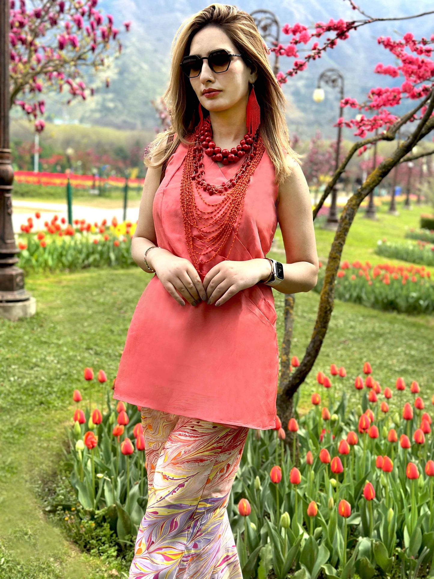 LAINEY GORGEOUS KASHMIR WATER MARBLED PURE SILK TUNIC SET