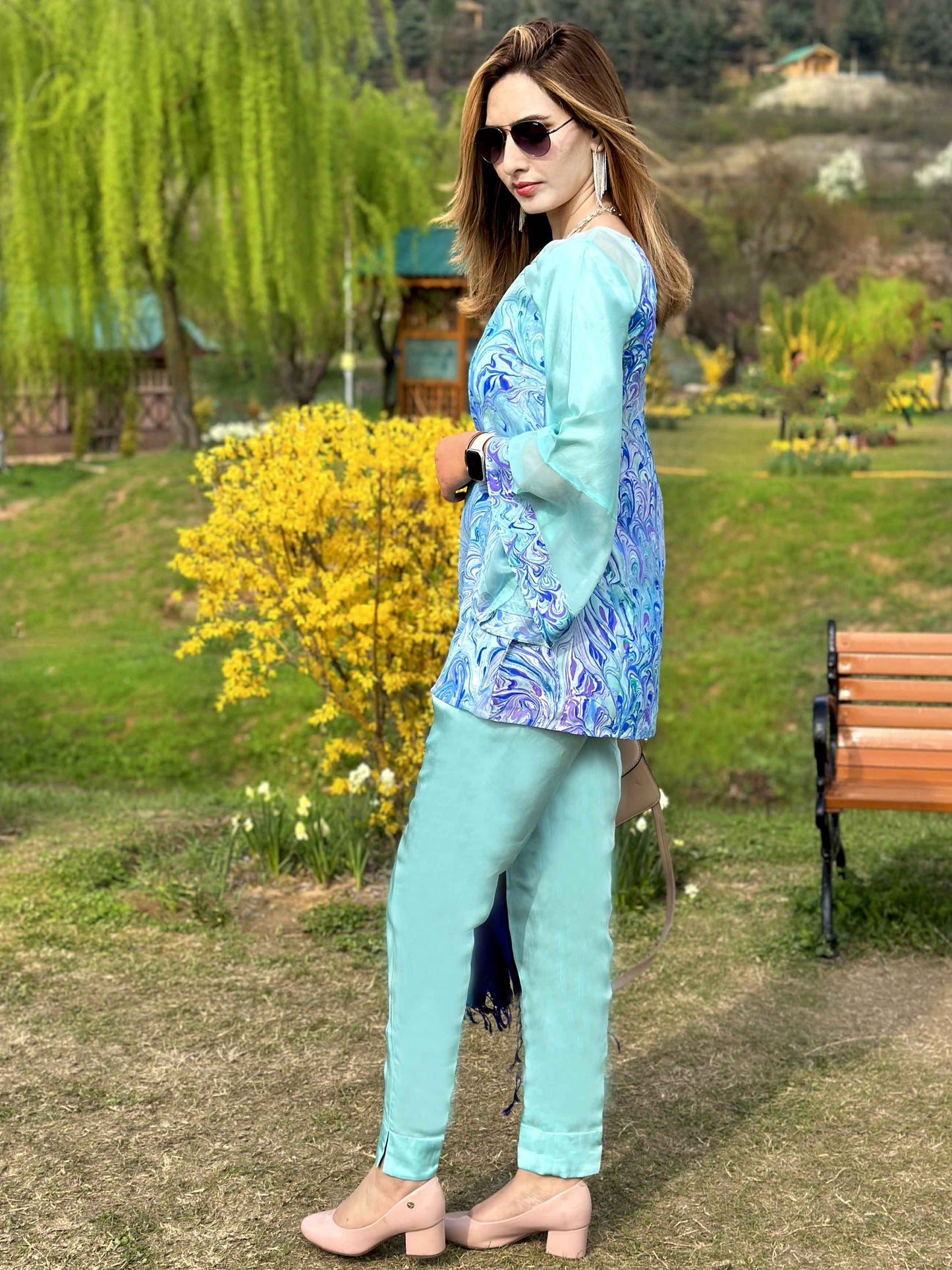 LEONA GORGEOUS KASHMIR WATER MARBLED PURE SILK TUNIC SET