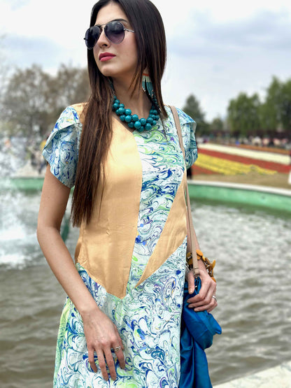 LOUISE GORGEOUS KASHMIR WATER MARBLED PURE SILK DRESS