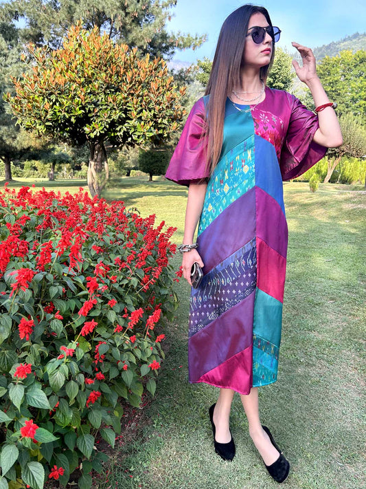 KARLY GORGEOUS KASHMIR PATOLA SILK PATCHWORK DRESS