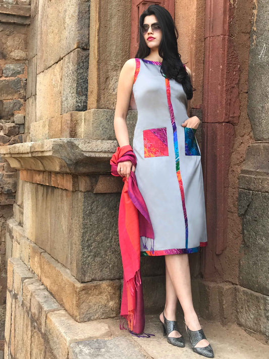 TIARA TAFFETA TROVE PATOLA SILK PATCHWORK DRESS