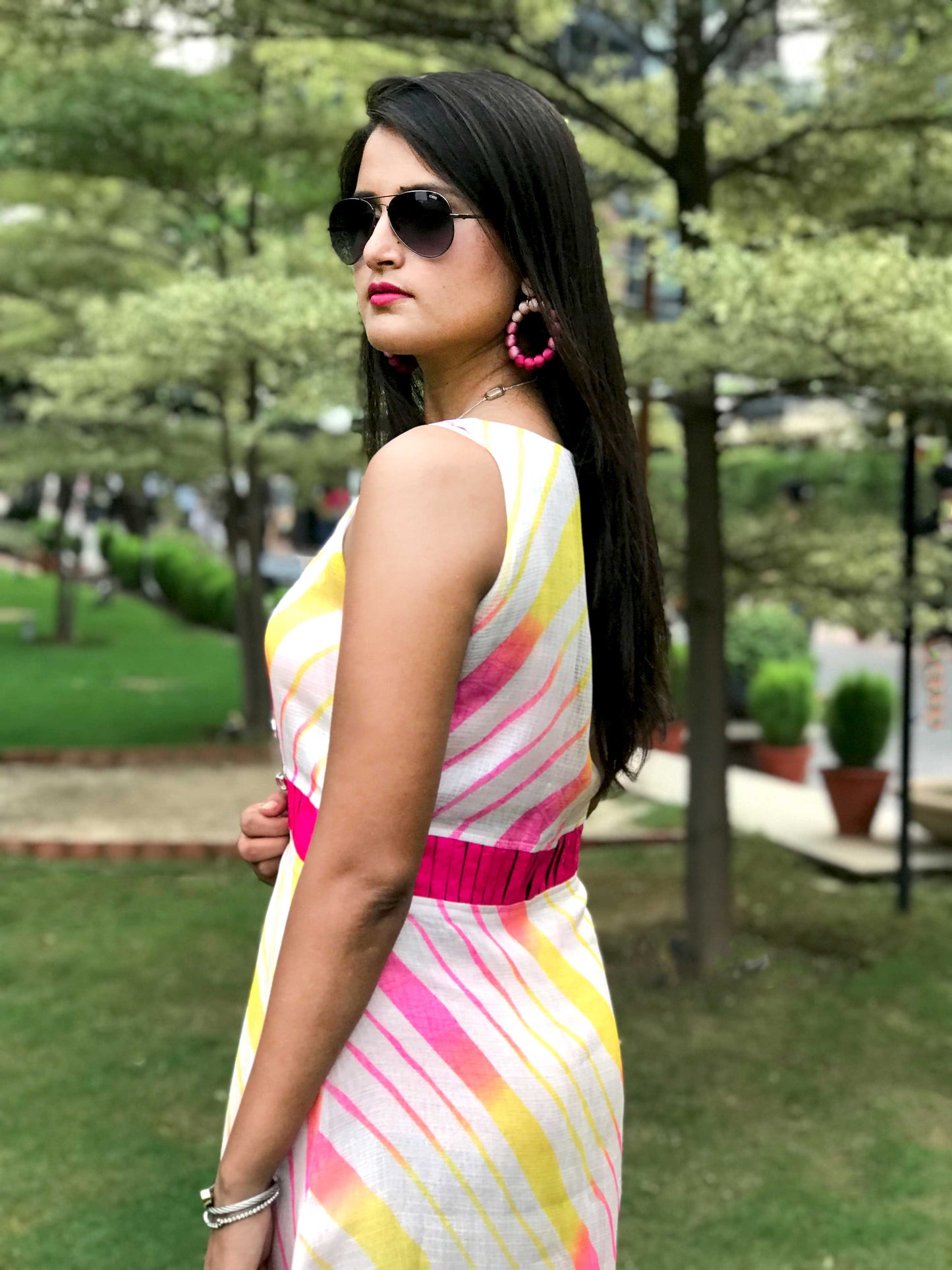 SALLY SANTORINI STRIPES SILK KOTA DORIA DRESS