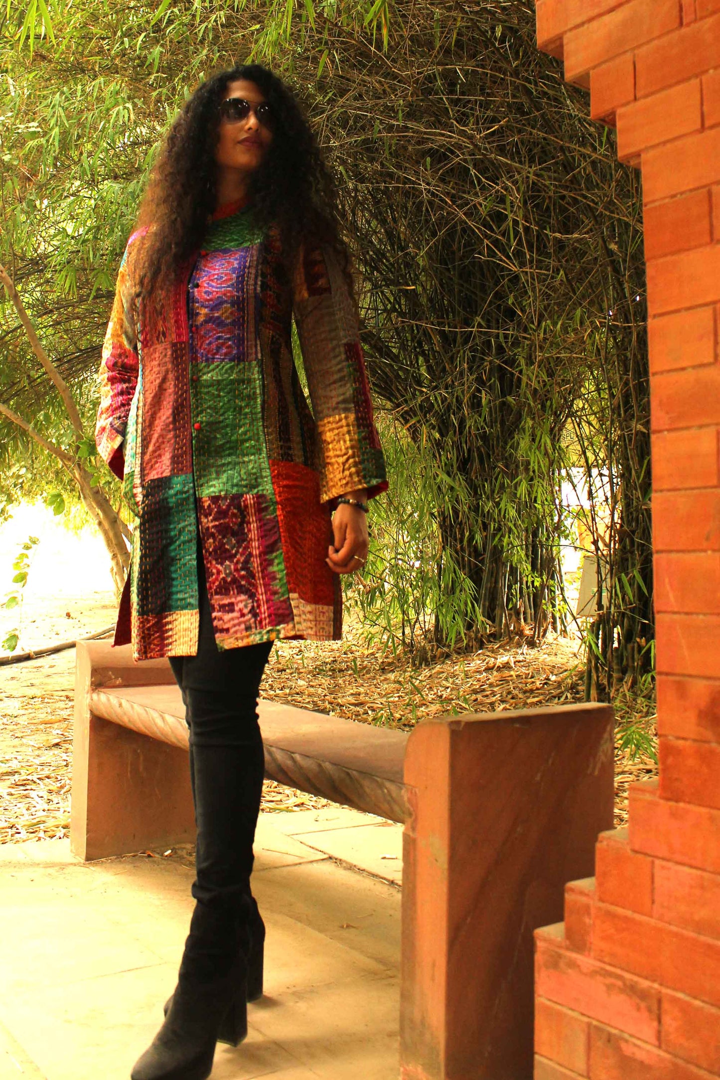 HADREY PATOLA SILK PATCHWORK KANTHA LONG JACKET