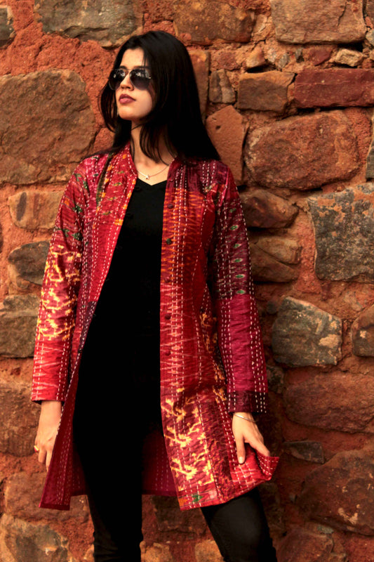 HAZLEY - RAVISHING RUBIES PATOLA SILK PATCHWORK KANTHA LONG JACKET