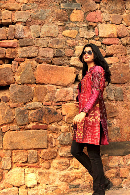 HAZLEY - RAVISHING RUBIES PATOLA SILK PATCHWORK KANTHA LONG JACKET