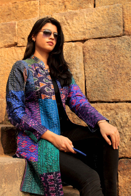 HUXLEY - BRILLIANT BLUES PATOLA SILK PATCHWORK KANTHA LONG JACKET