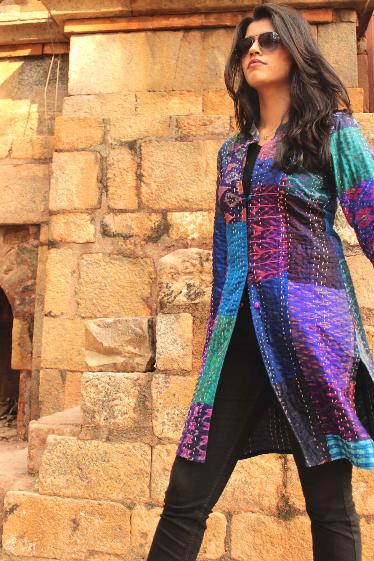 HUXLEY - BRILLIANT BLUES PATOLA SILK PATCHWORK KANTHA LONG JACKET