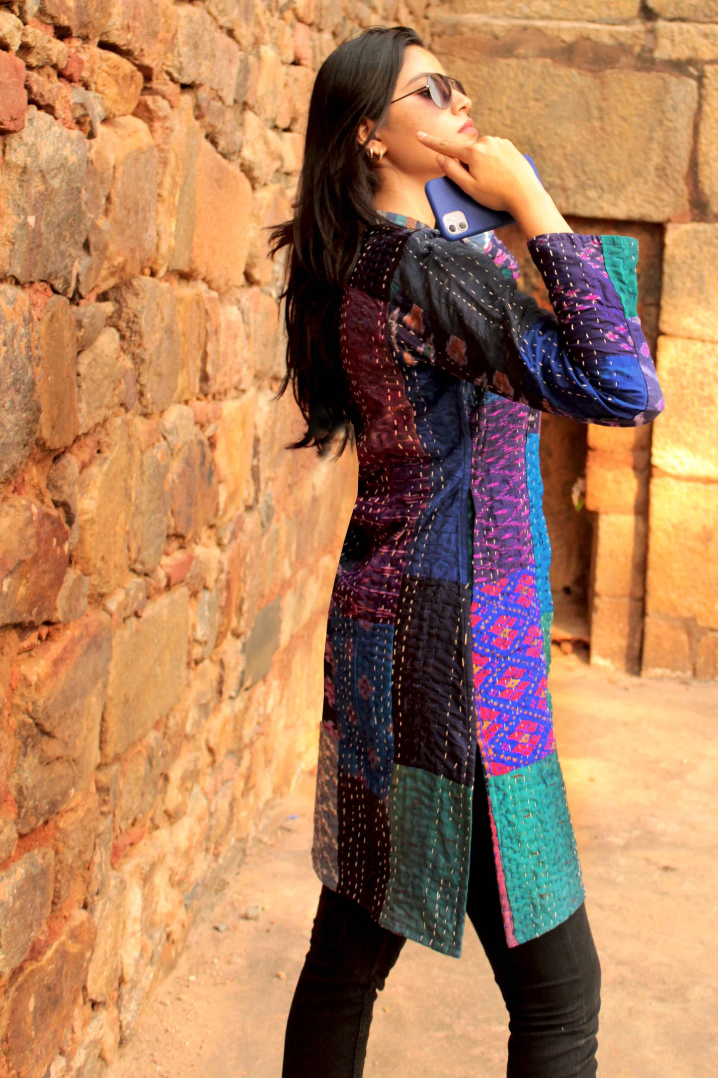 HUXLEY - BRILLIANT BLUES PATOLA SILK PATCHWORK KANTHA LONG JACKET