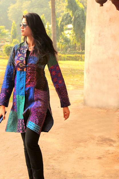 HUXLEY - BRILLIANT BLUES PATOLA SILK PATCHWORK KANTHA LONG JACKET
