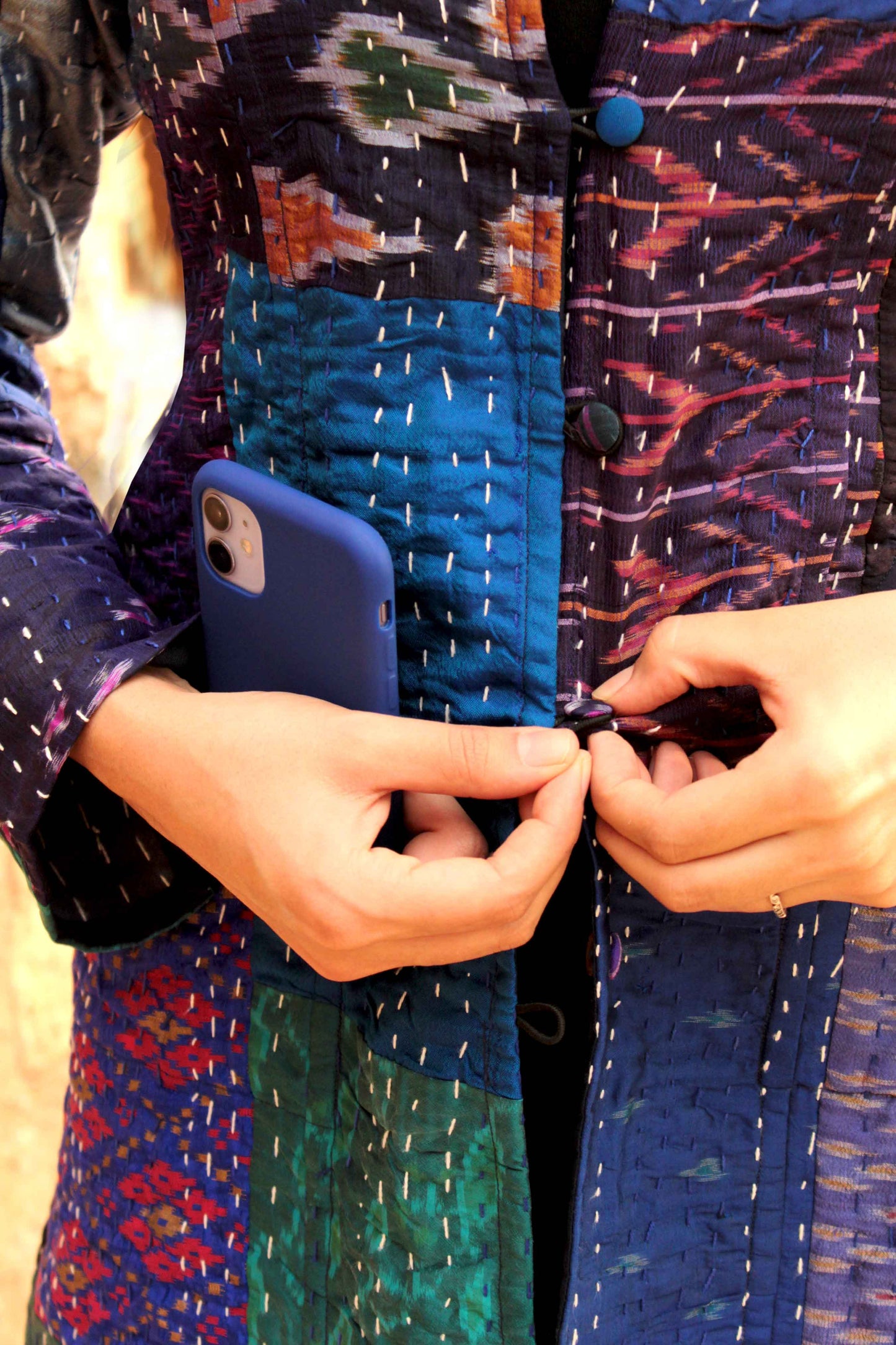 HUXLEY - BRILLIANT BLUES PATOLA SILK PATCHWORK KANTHA LONG JACKET