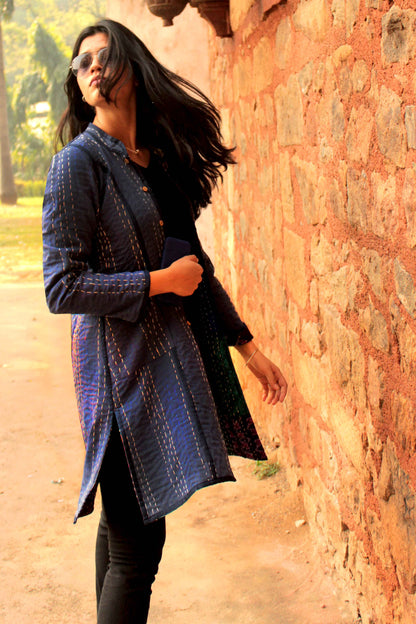 HUXLEY - BRILLIANT BLUES PATOLA SILK PATCHWORK KANTHA LONG JACKET