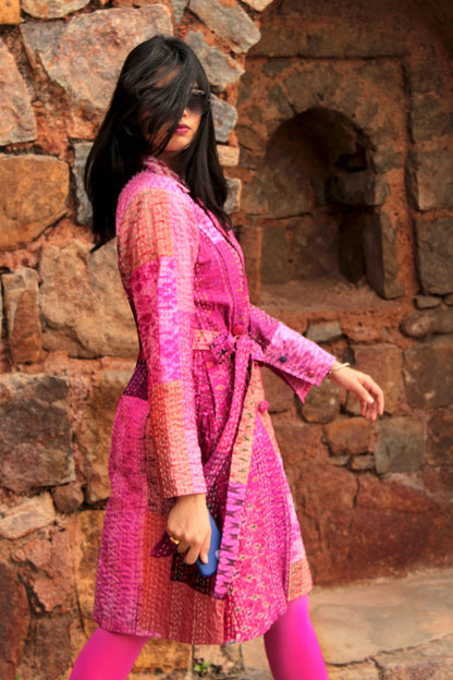 HENNESSY - PARISIAN PINKS PATOLA SILK PATCHWORK KANTHA TRENCH COAT