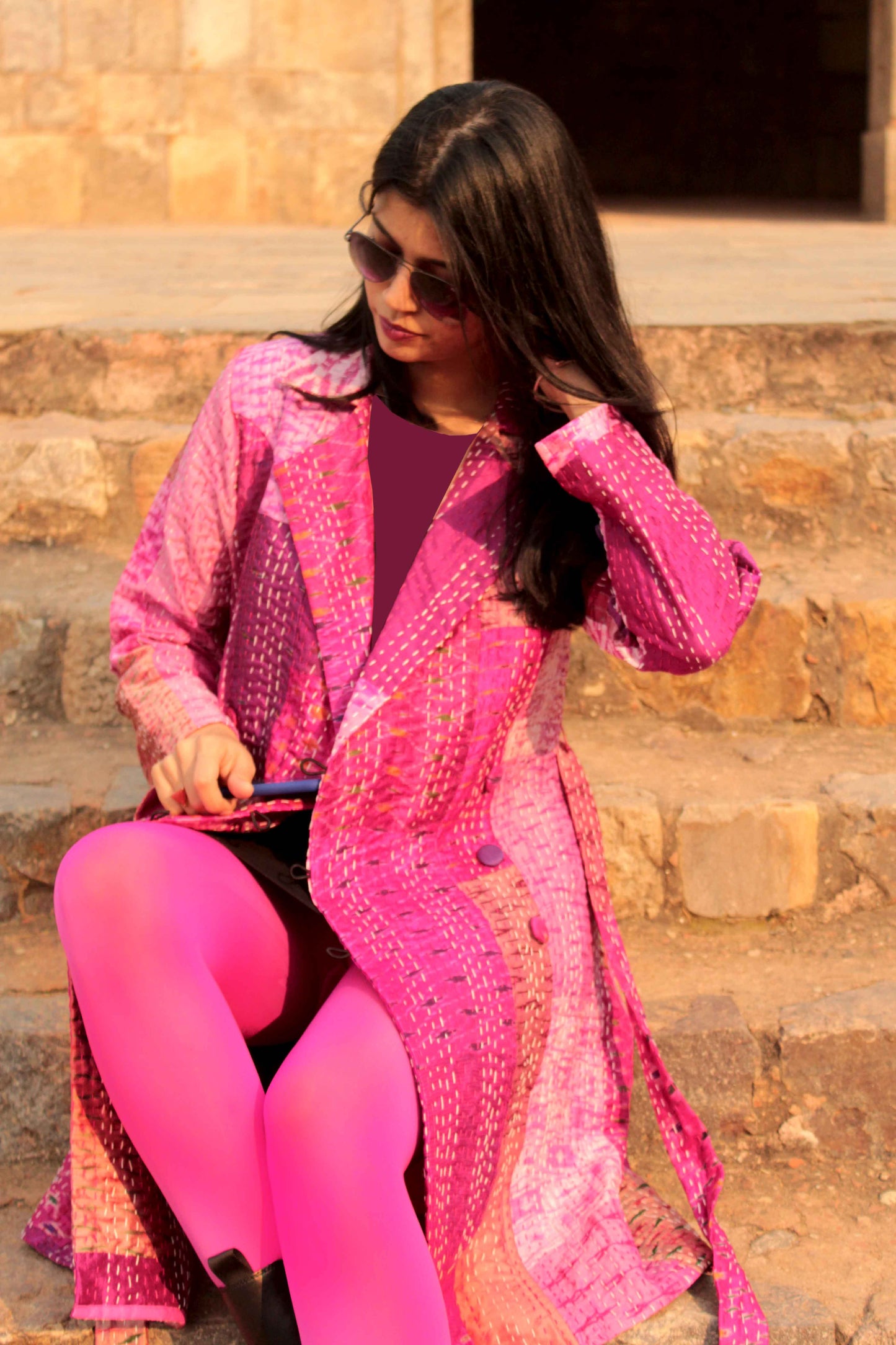 HENNESSY - PARISIAN PINKS PATOLA SILK PATCHWORK KANTHA TRENCH COAT