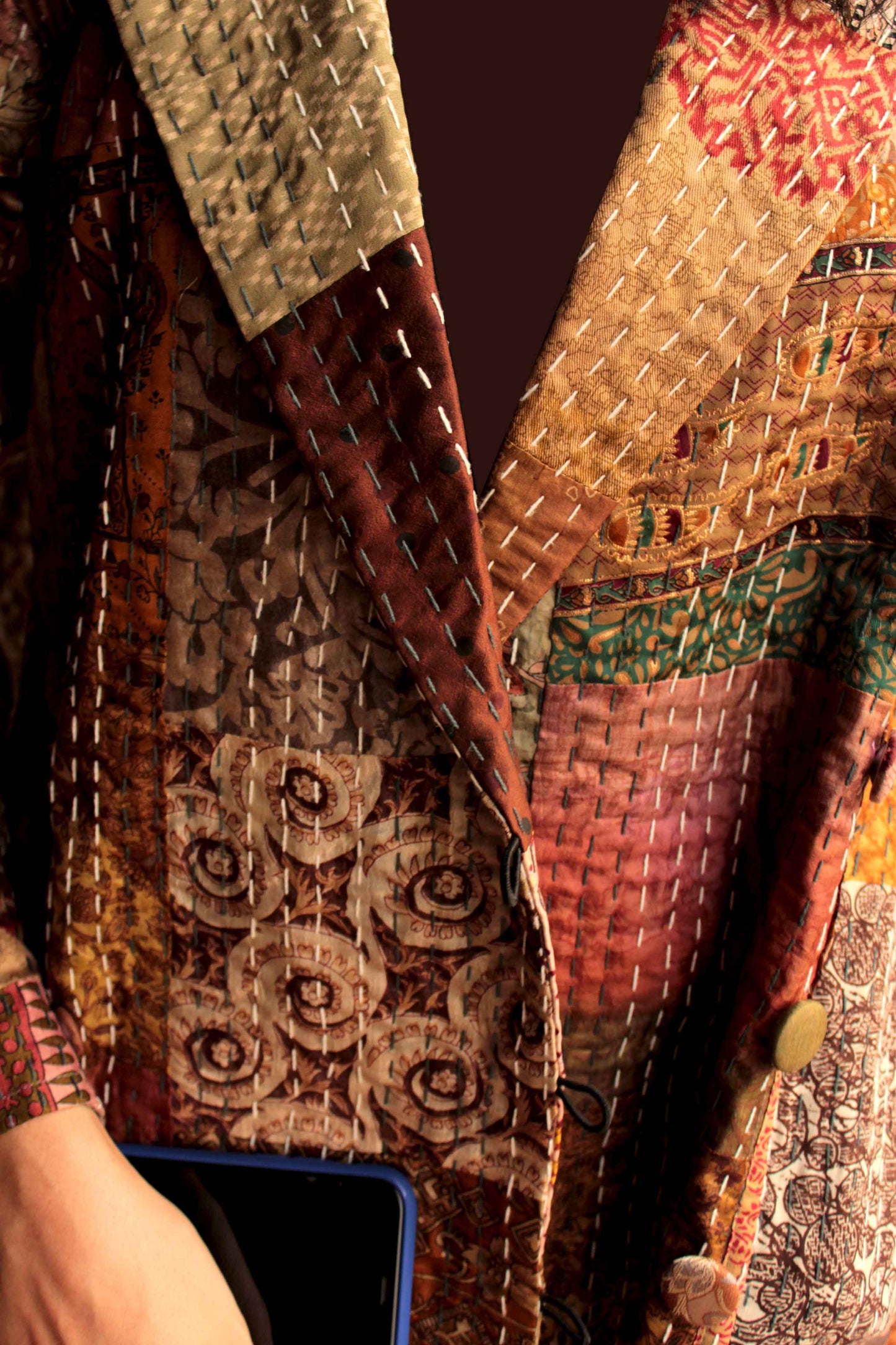 HENNESSY - BLISSFUL BEIGE PATOLA SILK PATCHWORK KANTHA TRENCH COAT