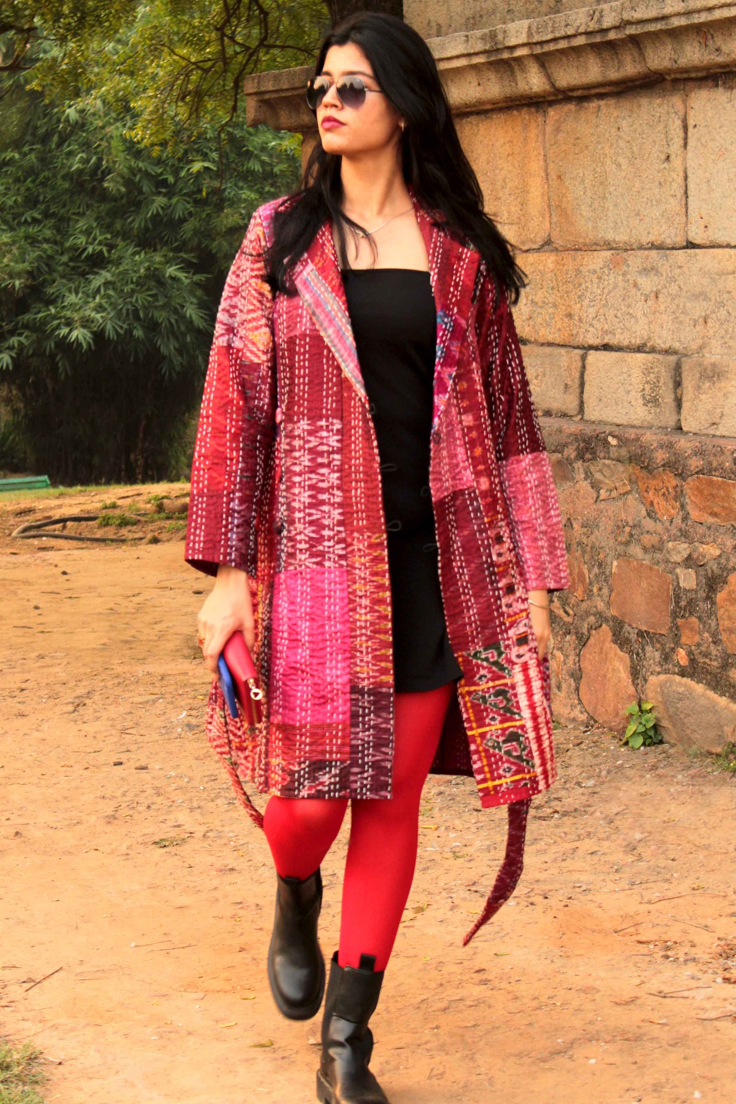 HENNESSY - ROMANTIC ROSETTE PATOLA SILK PATCHWORK KANTHA TRENCH COAT