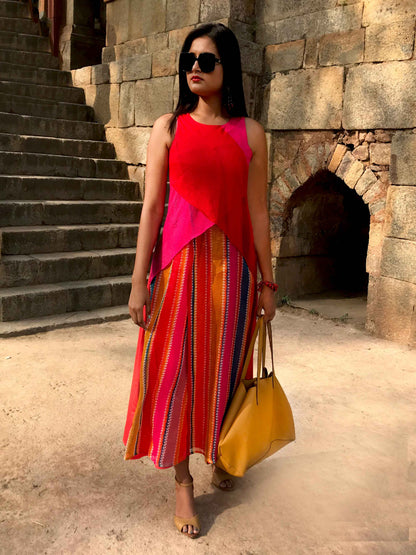 SHARON SANTORINI STRIPES SILK KOTA DORIA LONG DRESS