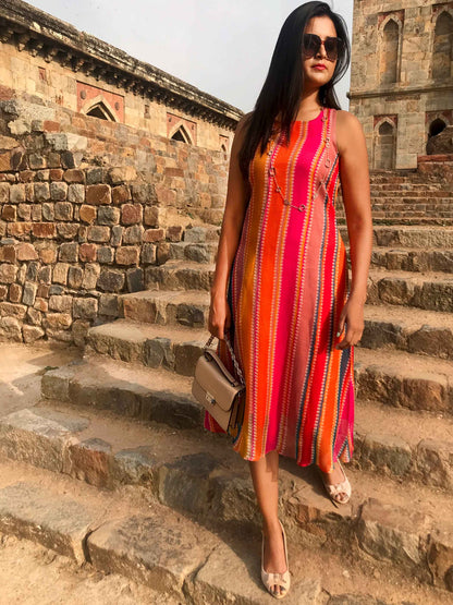 SKYLER SANTORINI STRIPES SILK KOTA DORIA REVERSIBLE DRESS