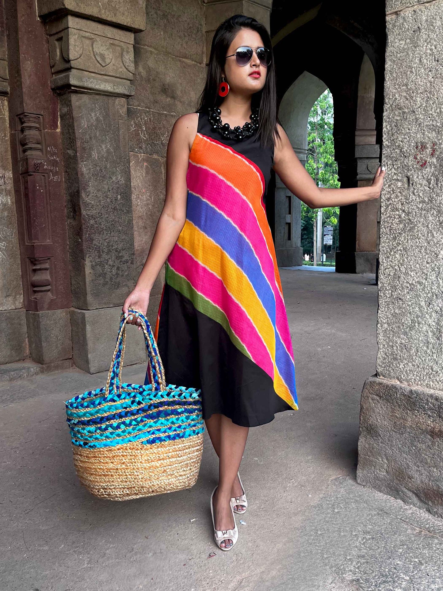 SHERLYN SANTORINI STRIPES SILK KOTA DORIA DRESS