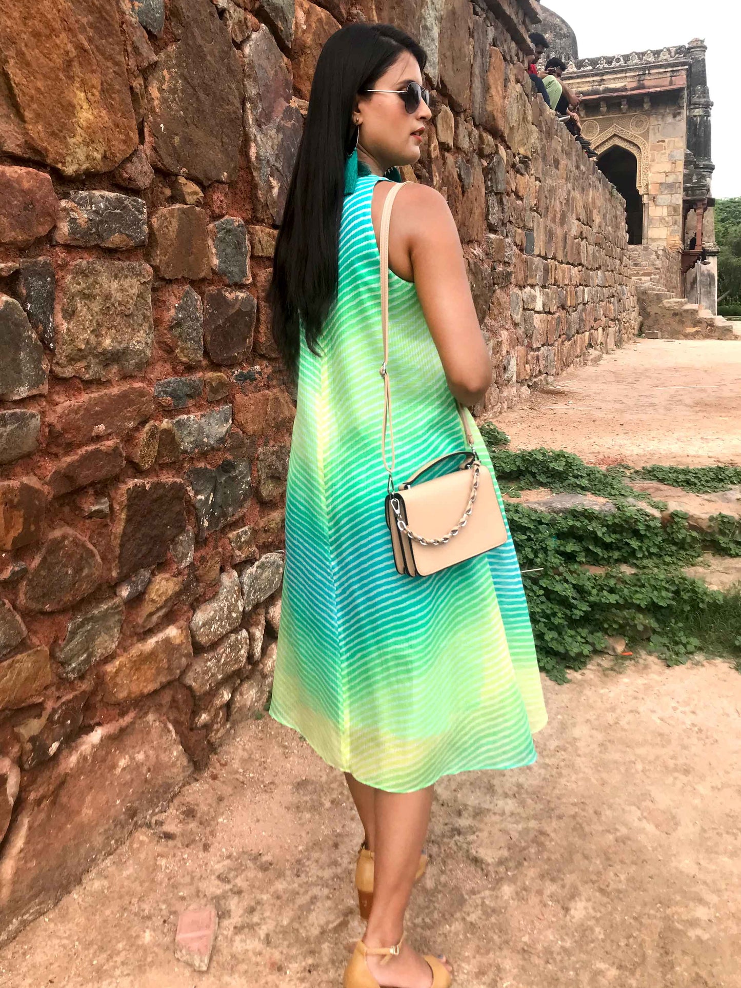 STEPHANIE SANTORINI STRIPES SILK KOTA DORIA REVERSIBLE DRESS