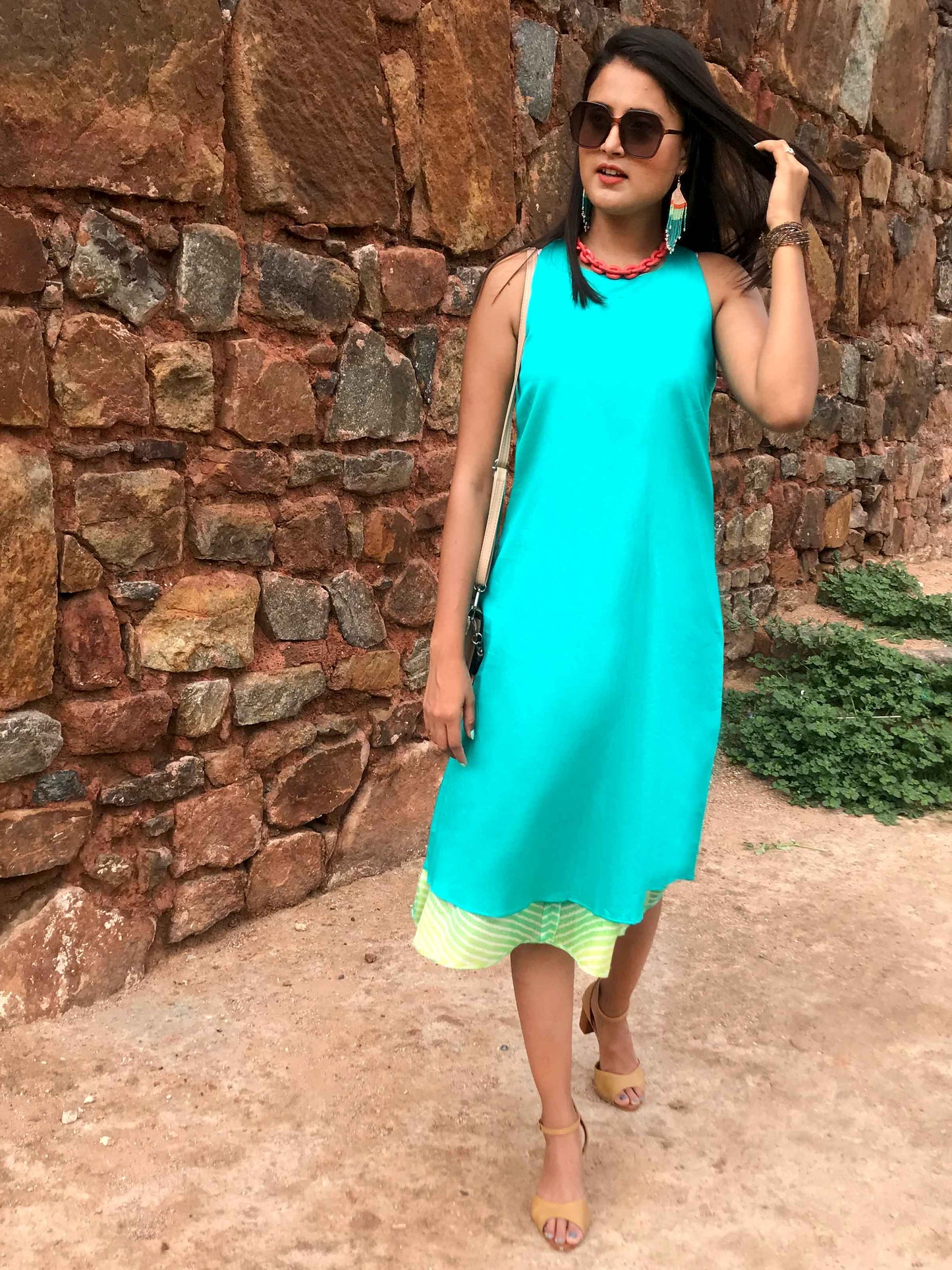 STEPHANIE SANTORINI STRIPES SILK KOTA DORIA REVERSIBLE DRESS