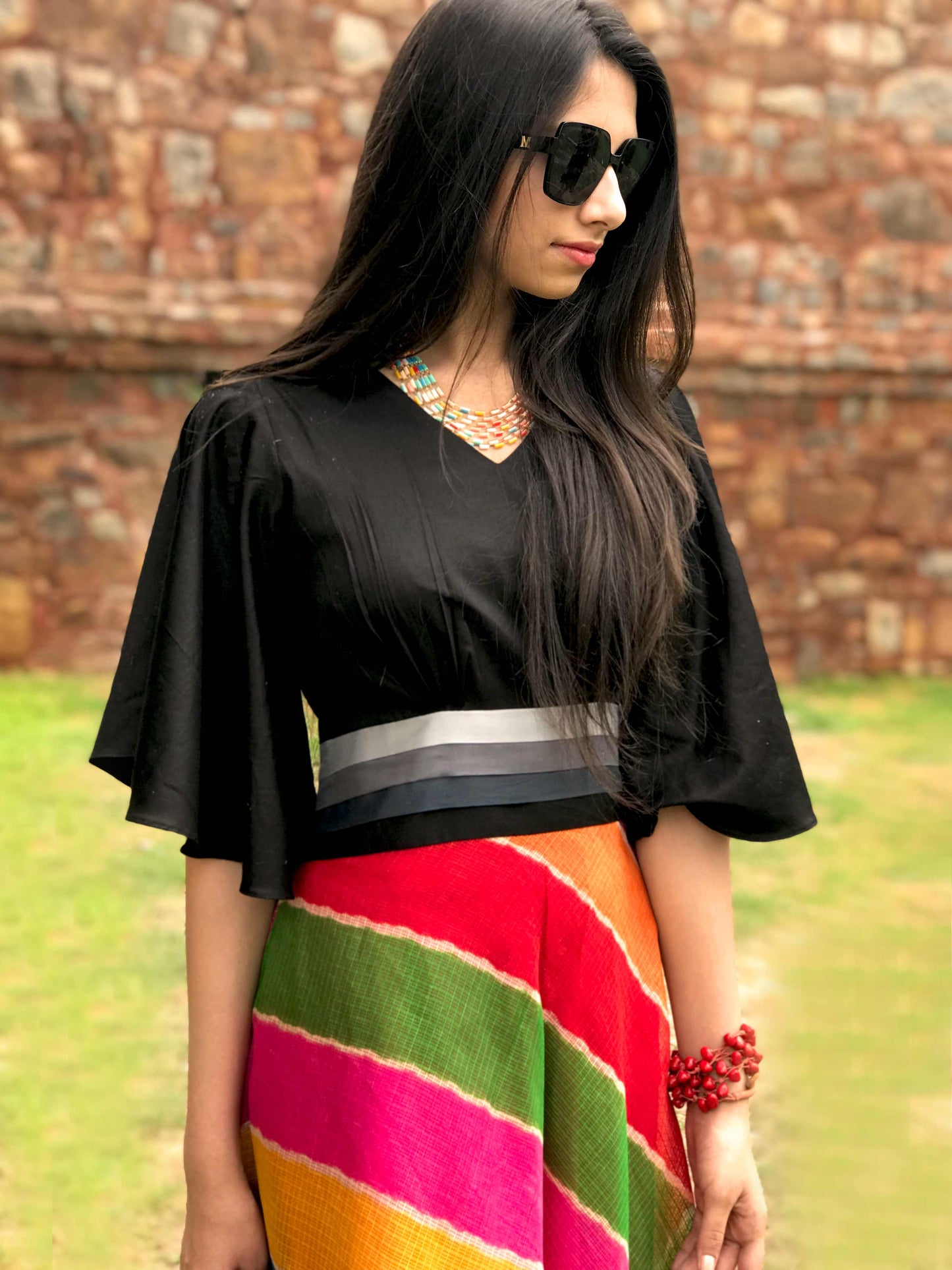 SOPHIE SANTORINI STRIPES SILK KOTA DORIA LONG DRESS