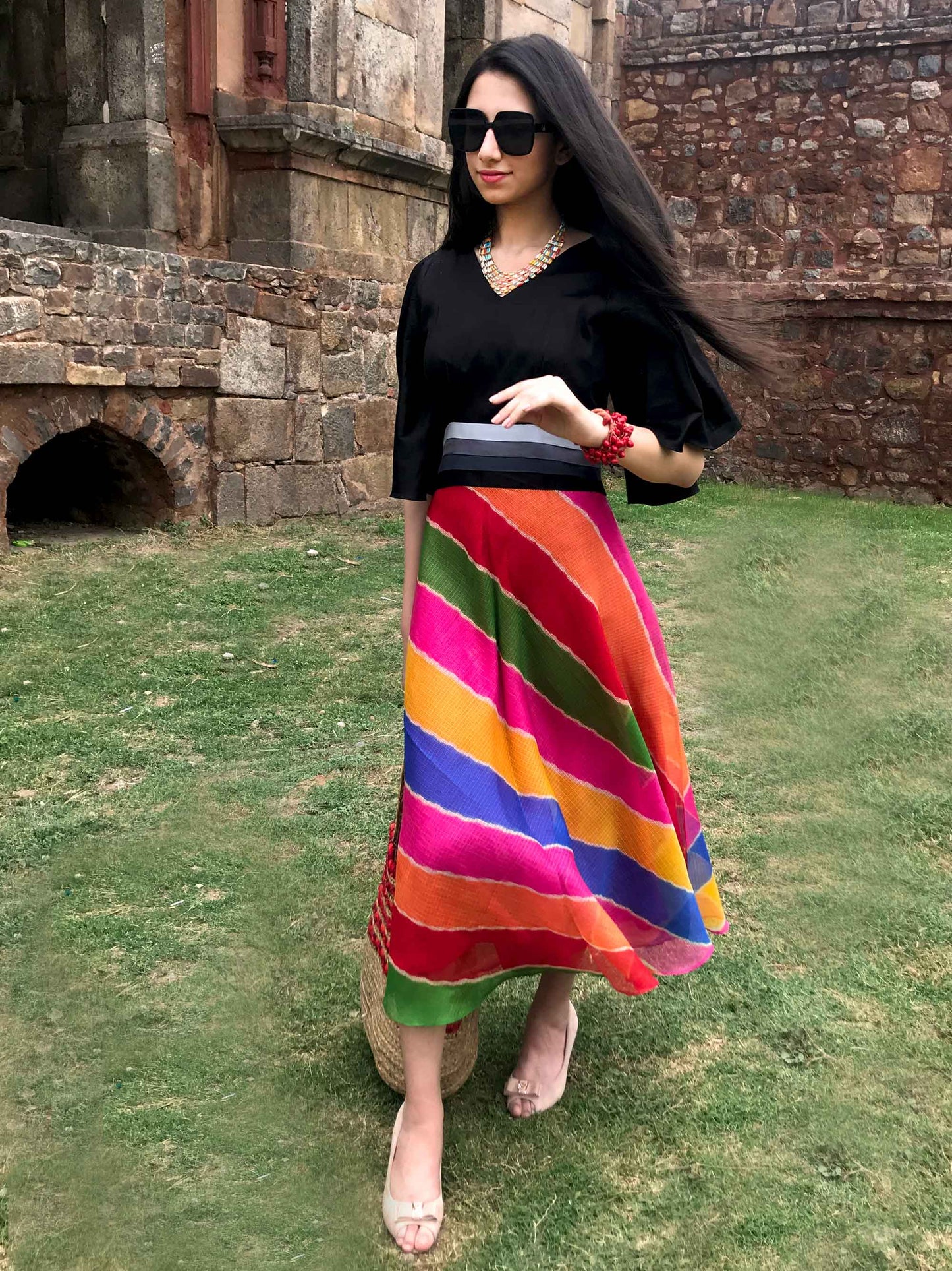 SOPHIE SANTORINI STRIPES SILK KOTA DORIA LONG DRESS