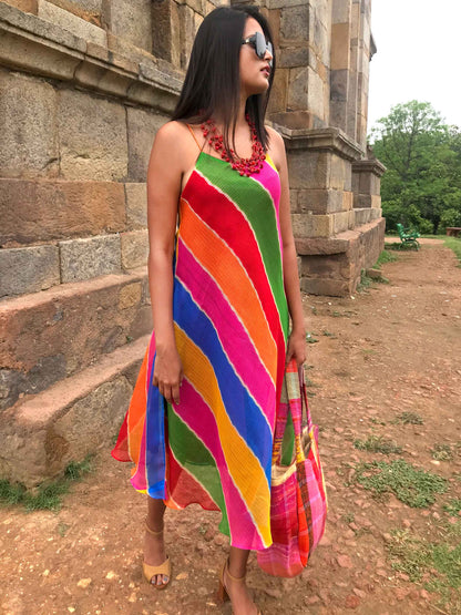 SLOANE SANTORINI STRIPES SILK KOTA DORIA REVERSIBLE DRESS