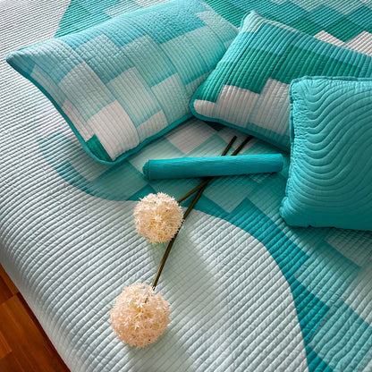 ROLAND FRENCH RIVIERA AQUA PATCHWORK QUILTED BEDCOVER SET