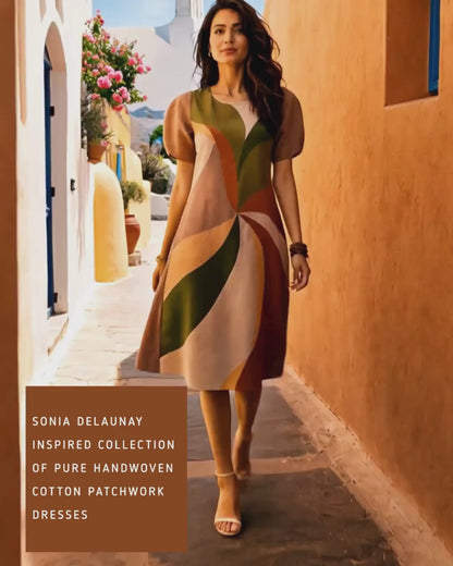 SUZANNE SONIA DELAUNAY INSPIRED HAND WOVEN COTTON PATCHWORK DRESS
