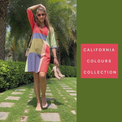 MYLA CALIFORNIA COLORS MONDRIAN HAND WOVEN COTTON PATCHWORK DRESS