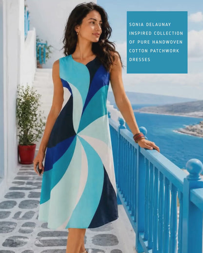 STASSI SONIA DELAUNAY INSPIRED HAND WOVEN COTTON PATCHWORK DRESS