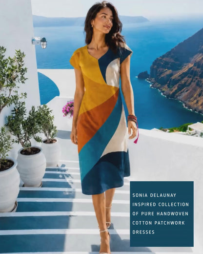 STARLETTE SONIA DELAUNAY INSPIRED HAND WOVEN COTTON PATCHWORK DRESS