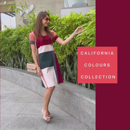 MARILYN CALIFORNIA COLORS MONDRIAN HAND WOVEN COTTON PATCHWORK DRESS